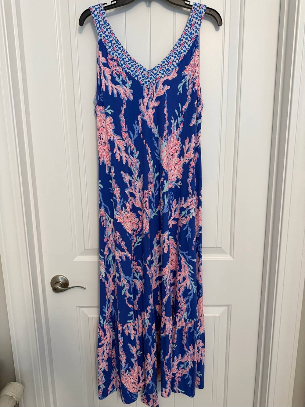 Lilly Pulitzer Blue and Pink(Coral) V-Neck Maxi Dress